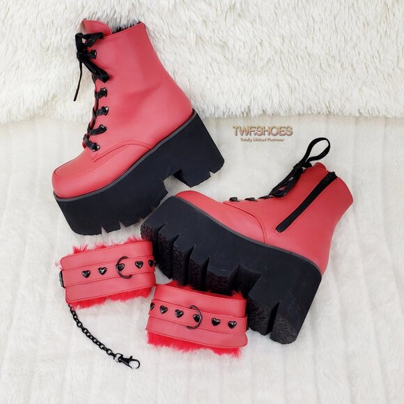 Goth Punk Platform Ankle Boots Furry Chain Cuff 57 - Picture 2 of 16
